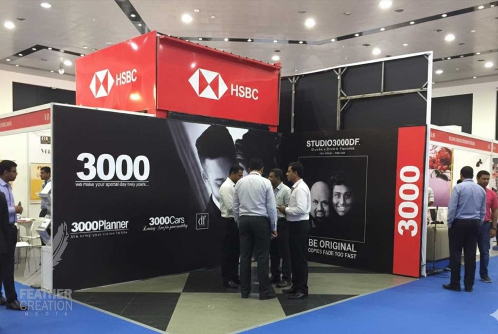 Custom exhibition stall and branded backdrop display built for a trade show in Sri Lanka.