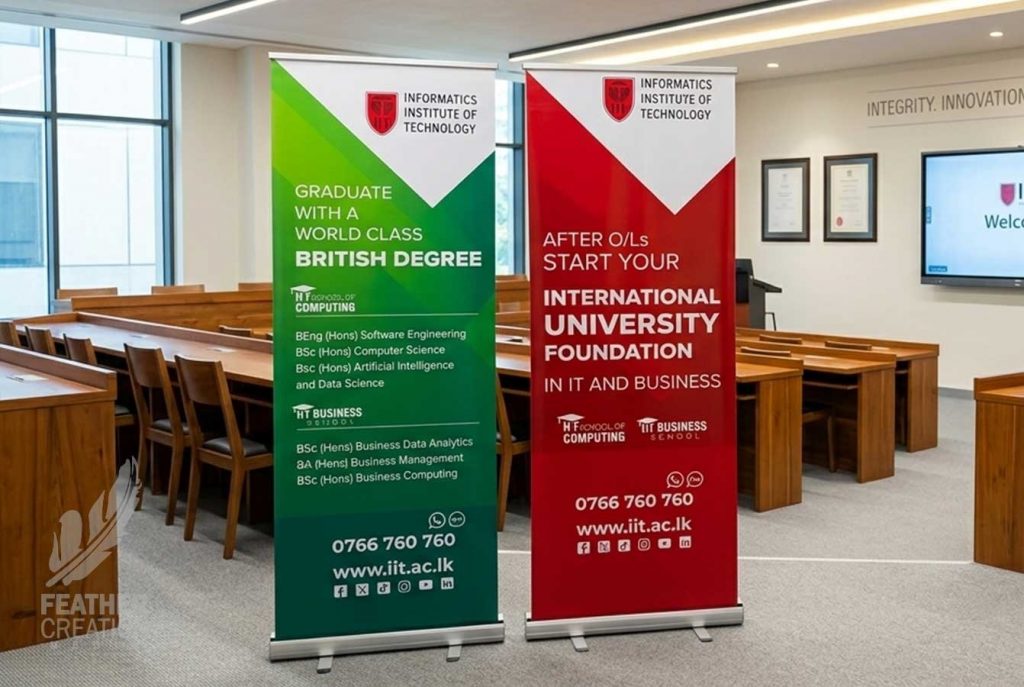 Custom pull-up banner stands with printed graphics displayed for exhibition marketing in Sri Lanka.