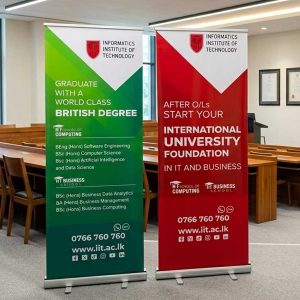 Custom pull-up banner stands with printed graphics displayed for exhibition marketing in Sri Lanka.